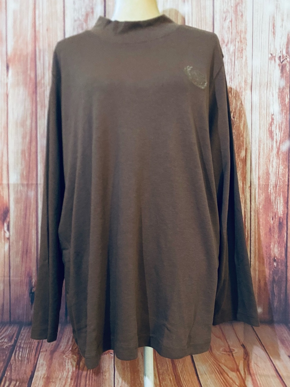 Women’s 2XL Blouse Blair Brown Long Sleeves Embroidered Logo Mock Neck Soft